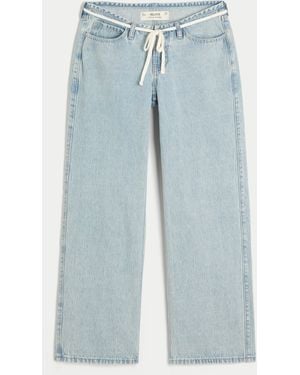 Hollister Ultra Low-rise Mini Waistband Light Wash Tie Waist Baggy Jeans - Blue