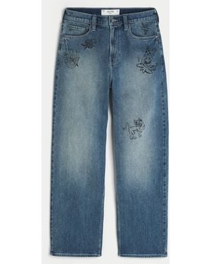 Hollister Medium Wash Doodle Baggy Jeans - Blue