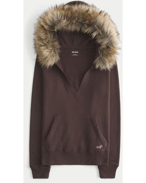Hollister Hollister Feel Good Faux Fur Trim V-neck Hoodie - Brown