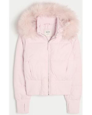 Hollister Faux Fur Trim Puffer Bomber Jacket - Pink