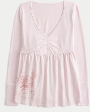 Hollister Long-sleeve Pinch Bust Graphic Babydoll Top - Pink