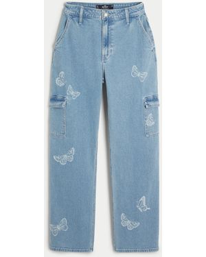 Hollister Ultra High-rise Light Wash Butterfly Print Cargo Dad Jeans - Blue