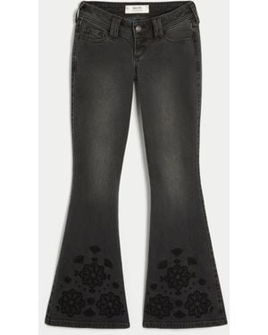 Hollister Ultra Low-rise Floral Embroidery Washed Black Flare Jeans