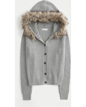 Hollister Hooded Faux Fur Trim Cardigan - Grey
