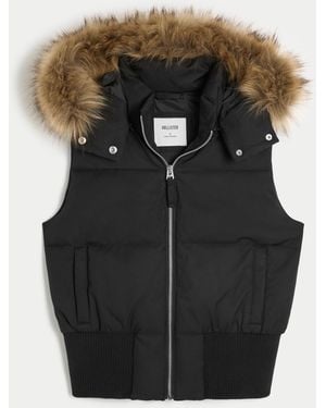 Hollister Faux Fur Trim Hooded Y2k Vest - Black
