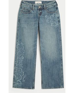 Hollister Ultra Low-rise Medium Wash Floral Print Baggy Jeans - Blue