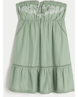Hollister Strapless Embroidered Babydoll Dress - Green