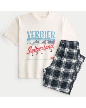 Hollister Switzerland Graphic Tee & Flannel Pyjama Trousers Set - Blue