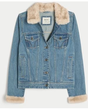 Hollister Faux Fur Trim Denim Jacket - Blue