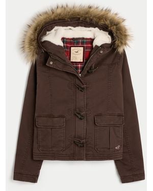 Hollister Holiday Vault Release Twill Faux Fur Trim Hooded Bomber Jacket - Brown