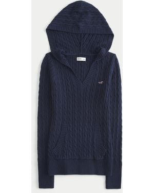 Hollister Cable-knit V-neck Hoodie Jumper - Blue