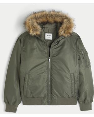 Hollister Faux Fur Trim Zip-up Bomber Jacket - Green