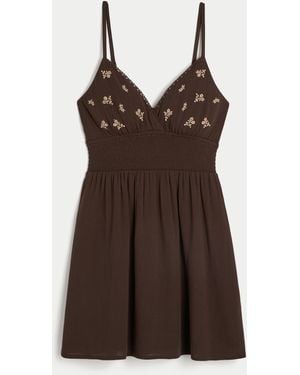 Hollister Smocked Waist Embroidered Mini Dress - Brown