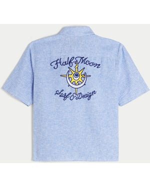 Hollister Boxy Short-sleeve Linen-blend Half Moon Graphic Shirt - Blue