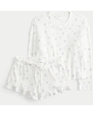 Hollister Cosy Ribbed Pyjama Top & Shorts Set - White