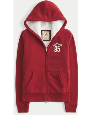 Hollister Holiday Vault Release Sherpa-lined Zip-up Logo Graphic Hoodie - Red
