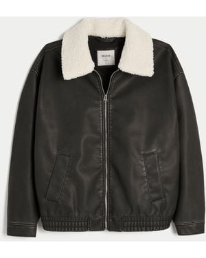 Hollister Sherpa Collar Faux Leather Bomber Jacket - Black
