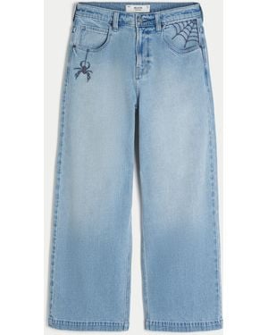 Hollister Light Wash Spider Embroidery Super Baggy Jeans - Blue