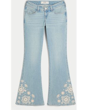 Hollister Ultra Low-rise Light Wash Floral Embroidery Flare Jeans - Blue