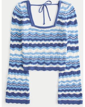 Hollister Long-sleeve Square-neck Crochet-style Jumper - Blue