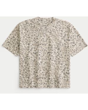 Hollister Boxy Crop Heavyweight Leopard Print Crew T-shirt - White