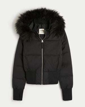 Hollister Faux Fur Trim Puffer Bomber Jacket - Black