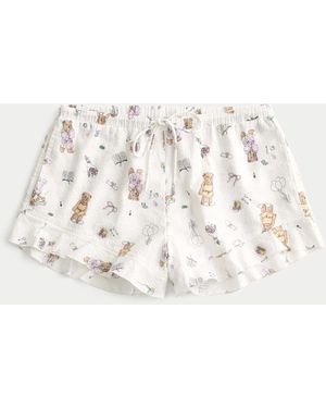 Hollister Bear Pattern Ruffled Seersucker Pyjama Shorts - Natural