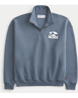 Hollister Boxy Quarter-zip Logo Graphic Sweatshirt - Blue