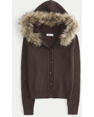 Hollister Hooded Faux Fur Trim Cardigan - Brown