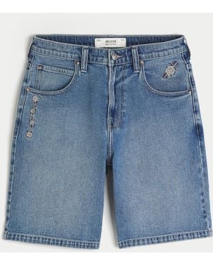 Hollister Dark Wash Embroidered Baggy Jean Shorts - Blue