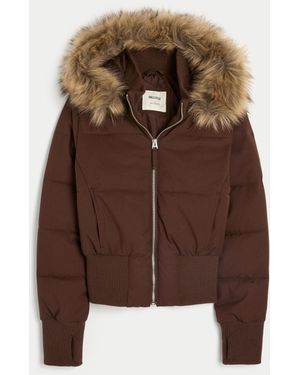 Hollister Faux Fur Trim Puffer Bomber Jacket - Brown