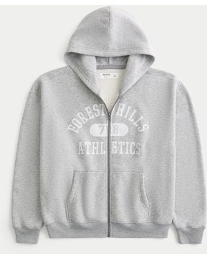 Hollister Boxy Zip-up Forest Hills Athletics Graphic Hoodie - Grey