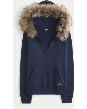 Hollister Hollister Feel Good Faux Fur Trim V-neck Hoodie - Blue
