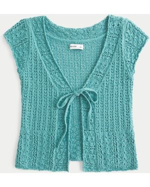 Hollister Short-sleeve Tie Front Open-stitch Cardigan - Blue