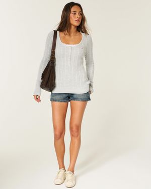 Hollister Zopfstrick-Pullover im Henley-Stil mit Logo - Grau