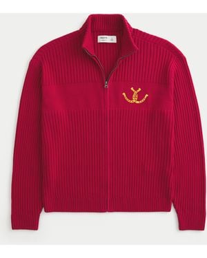 Hollister Relaxed Zip-up Horseshoe Graphic Jumper - Red