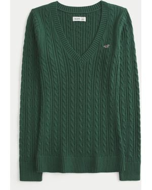 Hollister Cable-knit V-neck Icon Jumper - Green