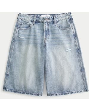 Hollister Distressed Light Wash Super Baggy Jort - Blue