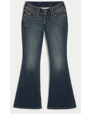 Hollister Adjustable Waist Ultra Low-rise Dark Wash Back Buckle Flare Jeans - Blue