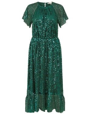 Yumi' Sequin Angel Sleeve Midi Smock Dress - Green