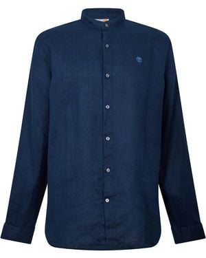 Timberland Linen Korean Collar Long Sleeve Oxford Shirt - Blue