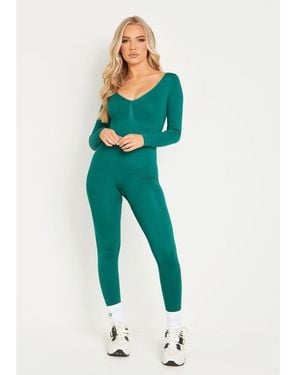 Missy Empire Seamless Long Sleeve Plunge Jumpsuit - Green
