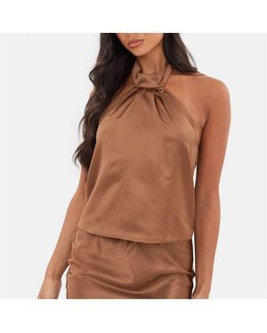I Saw It First Satin Halter Neck Top - Brown