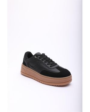 Where's That From Low Wedge Lace Up Trainer With Leopard Print Heel Detail - Black
