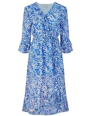Yumi' Floral Three Quartersleeve Frill Wrap Dress - Blue