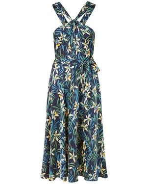 Yumi' Tropical Print Satin Swing Dress - Blue
