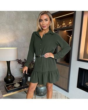 AX Paris Long Sleeve Frill Hem Shirt Mini Dress - Green