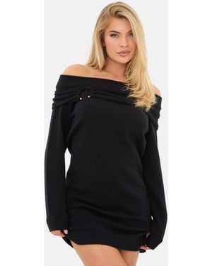 I Saw It First Trim Bardot Mini Long Sleeve Knitted Jumper Dress - Black