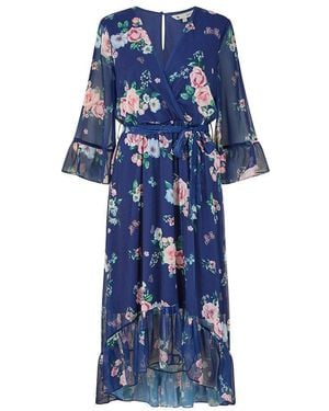 Yumi' Floral Wrap Dress With Dipped Hem - Blue