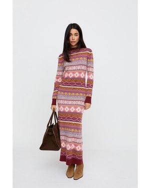 Raffya Elvis Longline Folk Jacquard Maxi Dress - Red
